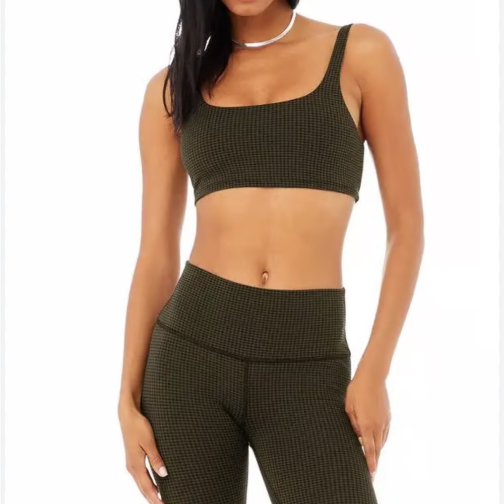 Alo Yoga Micro Houndstooth Set - Leggings and Sports Bra (Olive Green and Black)